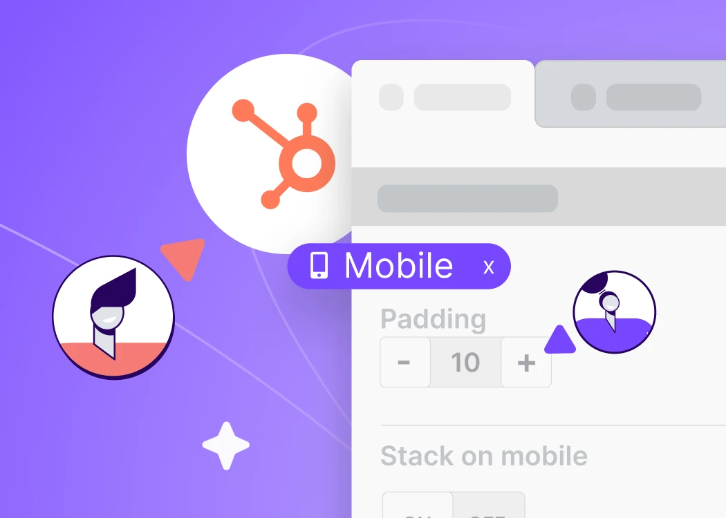 Illustration of mobile-responsive email design interface with HubSpot logo, mobile tag, and UI controls for padding, highlighting BEE Pro’s compatibility and features for HubSpot users.